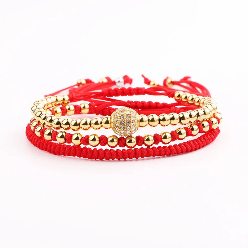 Stainless Steel Beads Rhinestone Ball Cord Macrame Bracelet Set