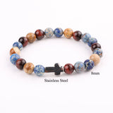 Men's Vintage Stone Elastic Bracelet with Stainless Steel Cross