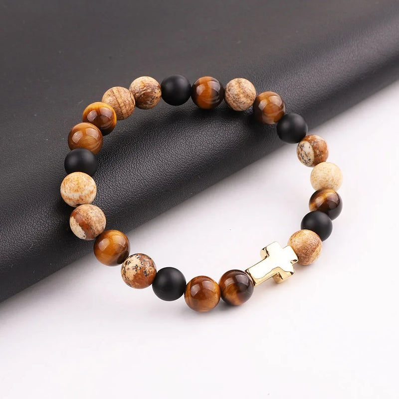 Men's Vintage Stone Elastic Bracelet with Stainless Steel Cross