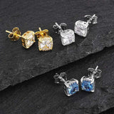 JEWE Sterling Silver Mens Stud Earrings Sapphire CZ 14k Plated Diamond Hip Hop