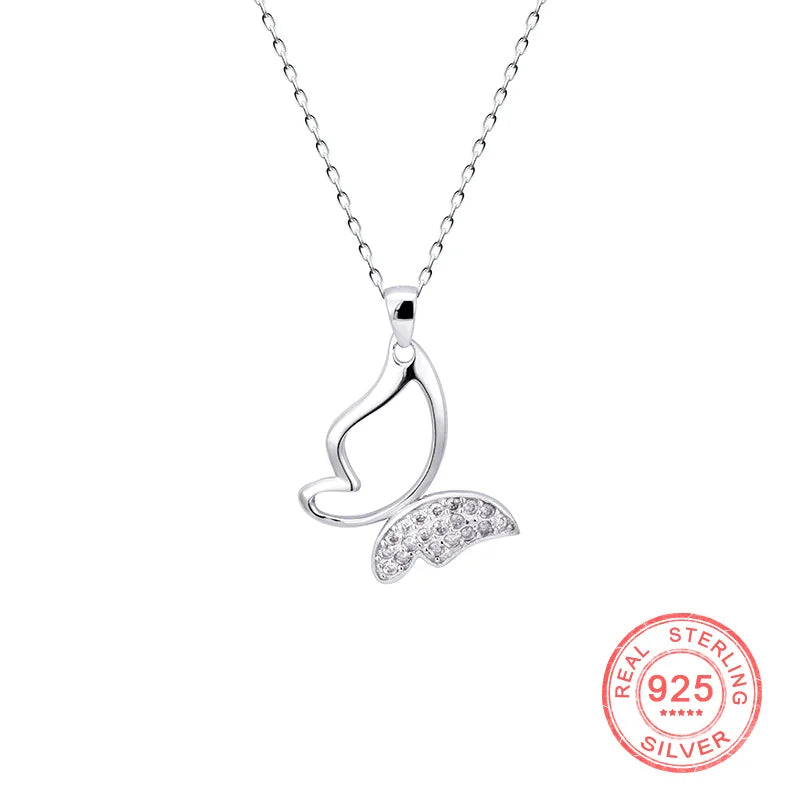 925 Silver Butterfly Pendant Necklace Clear Zircon Gift Jewelry