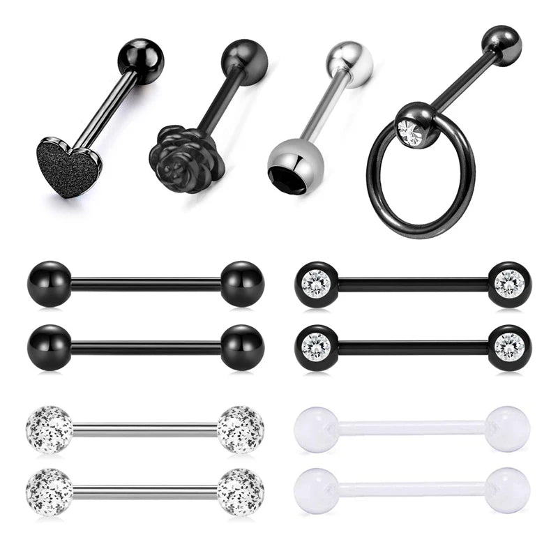 Stainless Steel Tongue Rings Barbells Heart Rose Shape Nipple Rings