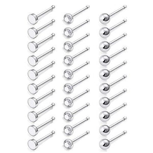 30-Pack 22G Nose Studs 316L Steel Clear CZ Nostril Piercing Jewelry