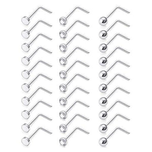 30-Pack 22G Nose Studs 316L Steel Clear CZ Nostril Piercing Jewelry