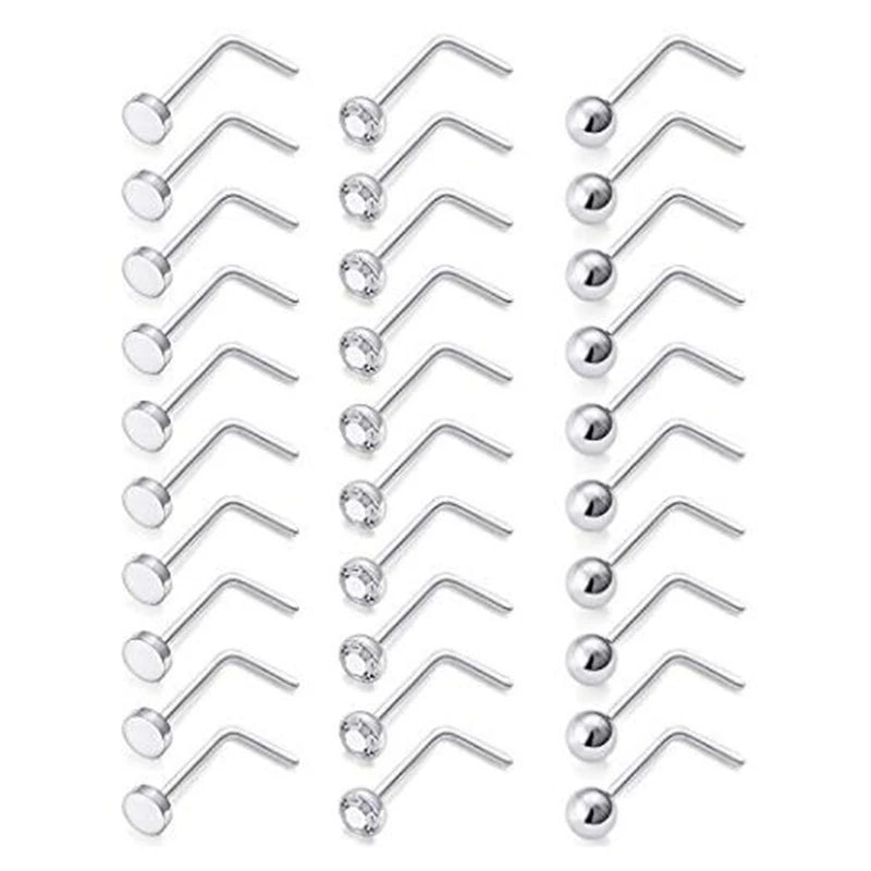30-Pack 22G Nose Studs 316L Steel Clear CZ Nostril Piercing Jewelry