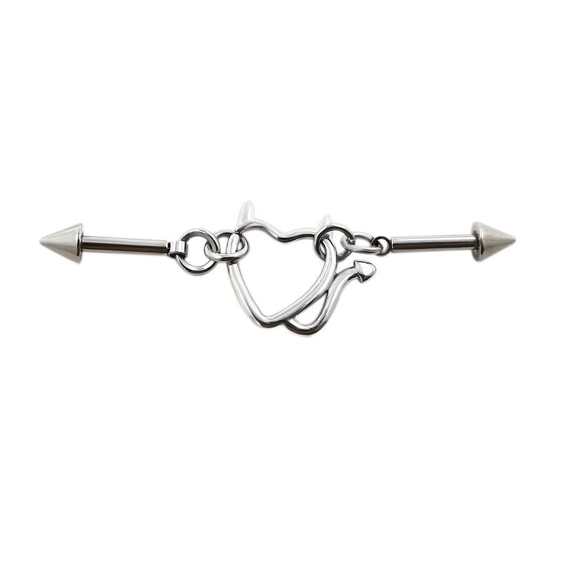Heart Devil Industrial Piercing Barbell Surgical Steel Evil Star Chain
