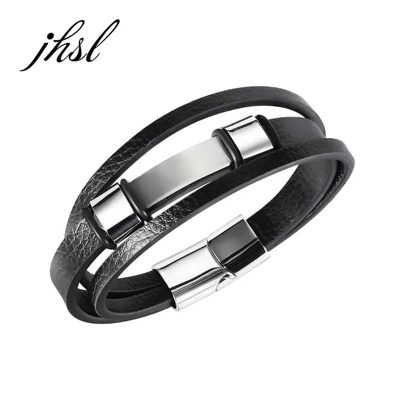Leather Men Wrap Bracelets Bangle Wristlet High Stainless Steel