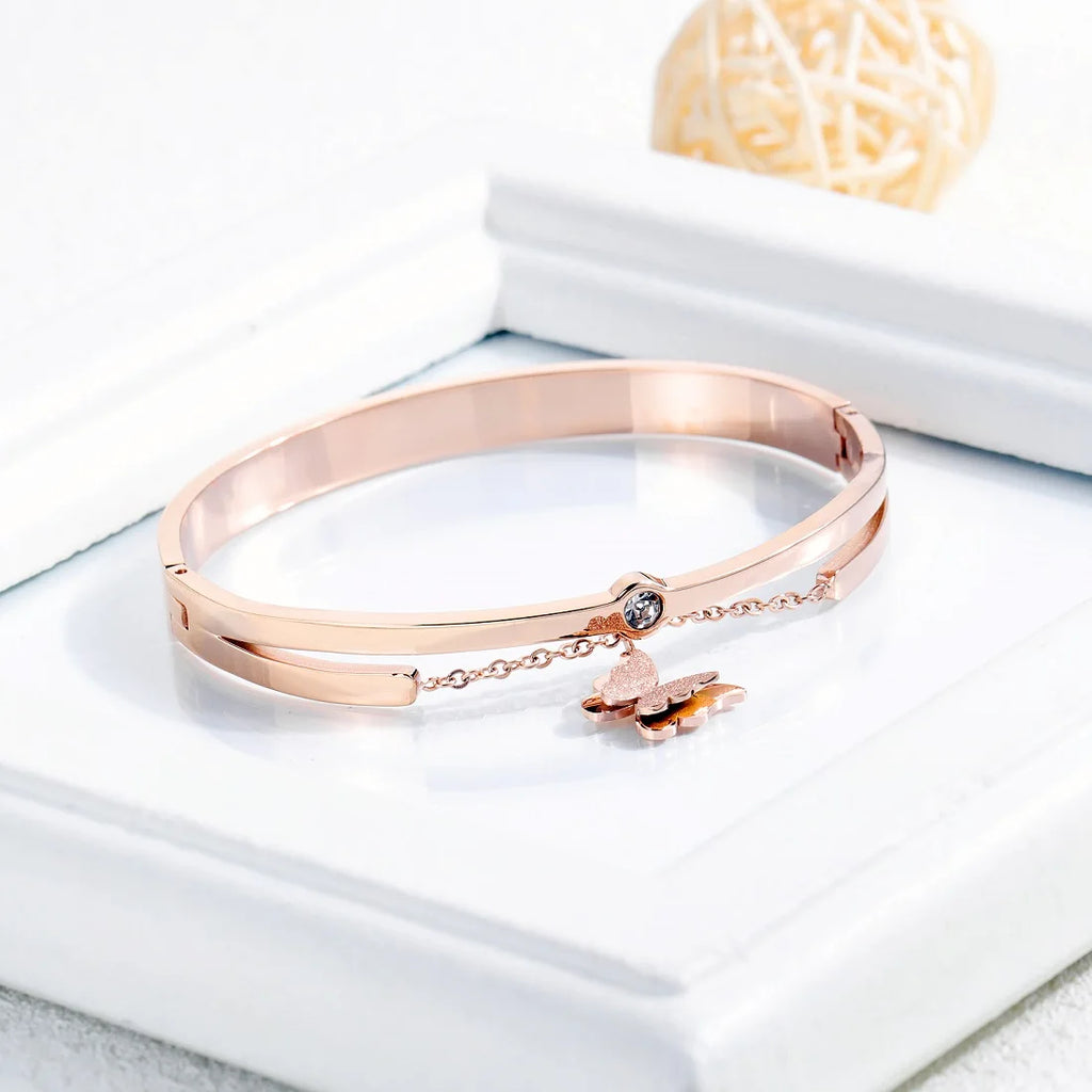 Women Stainless Steel Bracelets with Butterfly Charm Rose Jewelry