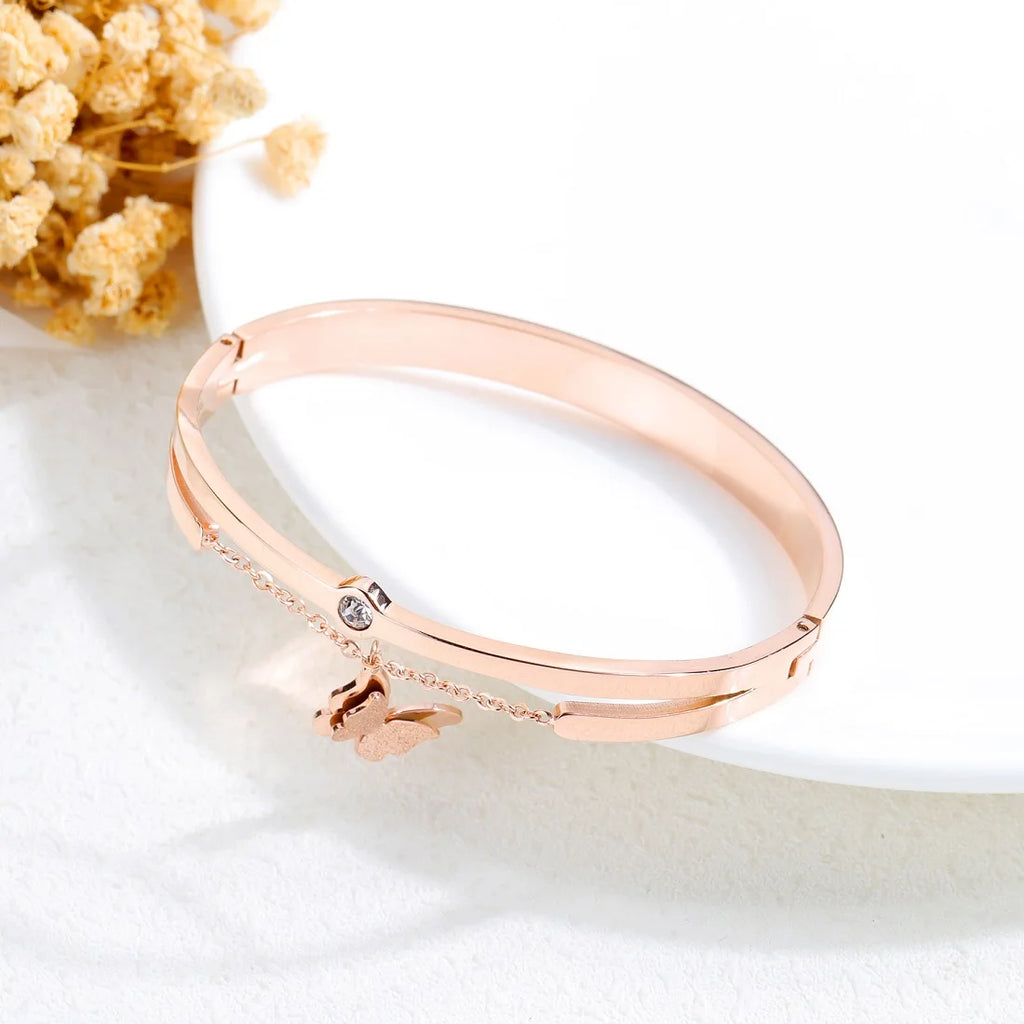 Women Stainless Steel Bracelets with Butterfly Charm Rose Jewelry
