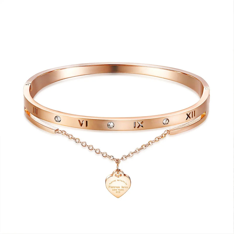 Heart Charm Rose Stainless Steel Bracelet Bangle