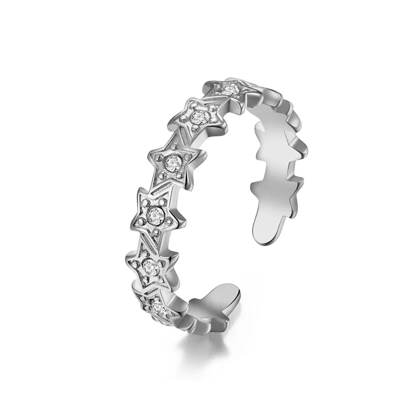 Women's Stainless Steel Star CZ Rings Open End Silver US Size 4-10