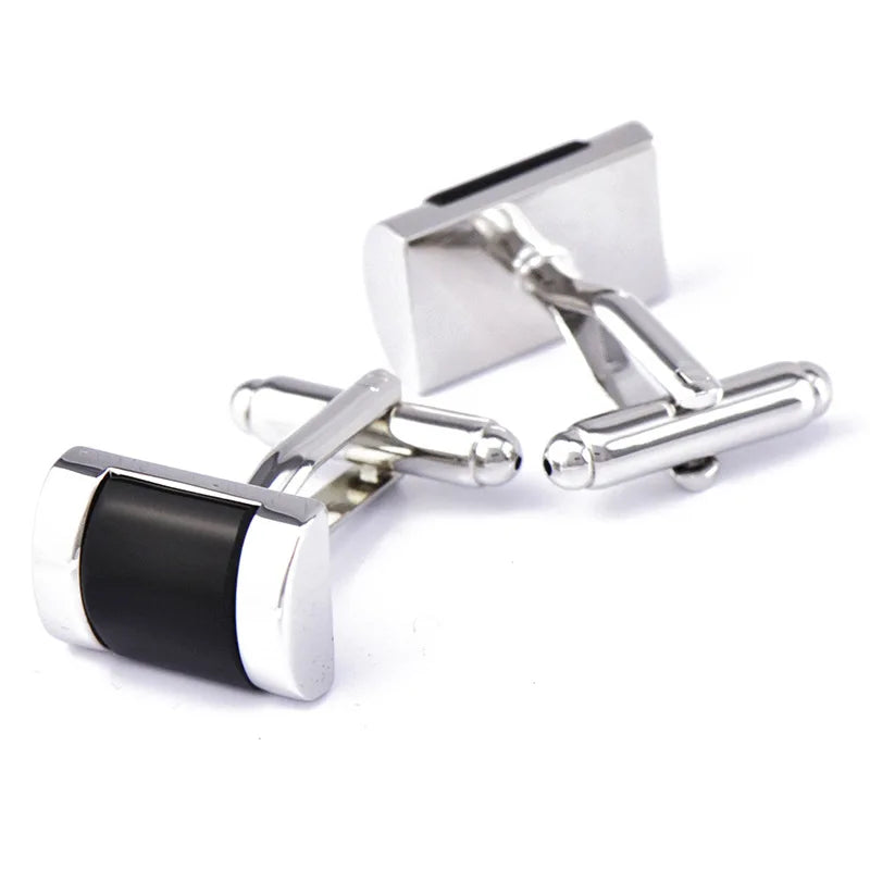 Men's Silver Metal Stone Rectangle Cufflinks Father Gift