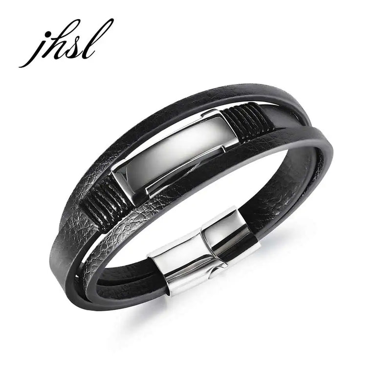 Men Leather Wrap Bracelet Stainless Steel Party Gift