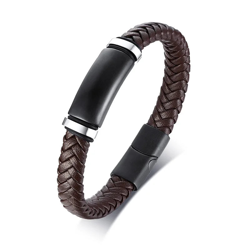 Men ID Bracelets Bangles High Brown Leather Stainless Steel Gift