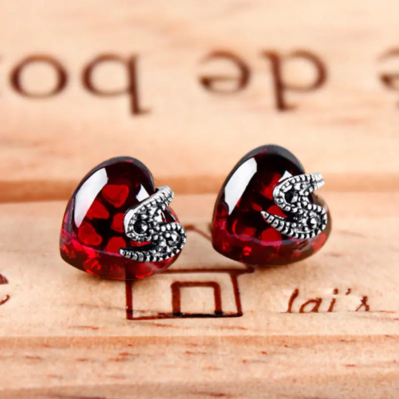 Vintage Garnet Gemstone Stud Earrings 925 Sterling Silver Retro Women Jewelry