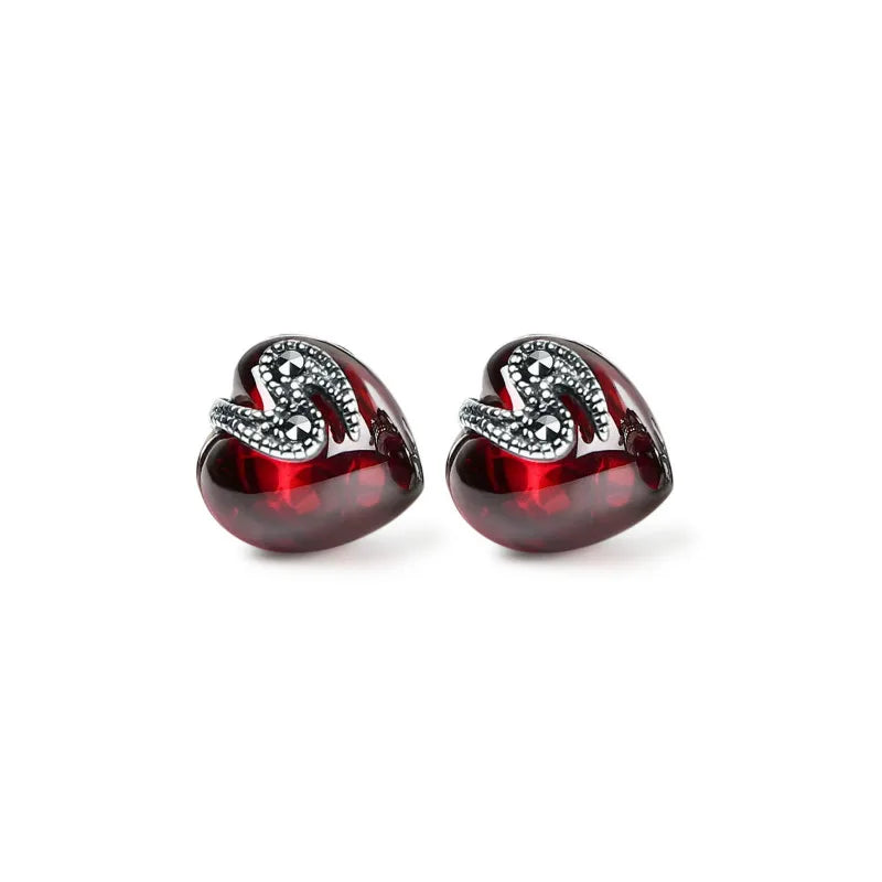 Vintage Garnet Gemstone Stud Earrings 925 Sterling Silver Retro Women Jewelry