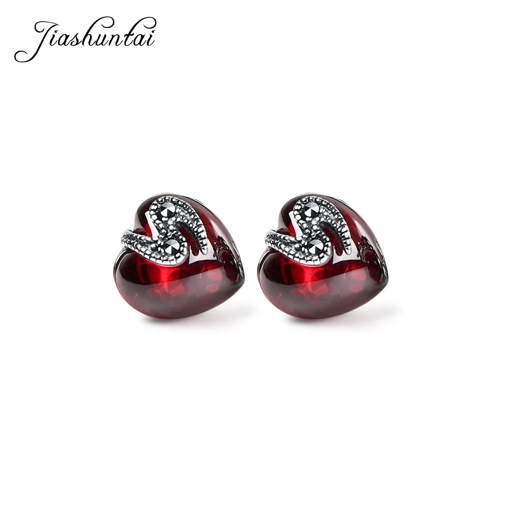 Vintage Garnet Gemstone Stud Earrings 925 Sterling Silver Retro Women Jewelry