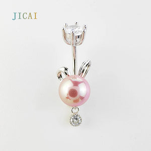 Rabbit Shape Freshwater Pearl Piercing 925 Silver Belly Button Rings