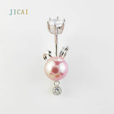 Rabbit Shape Freshwater Pearl Piercing 925 Silver Belly Button Rings