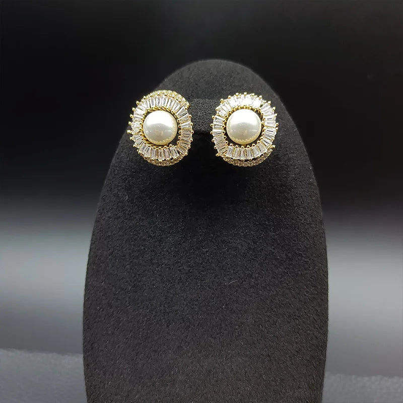 Pearl Stud Earring Classic Bling Crystal Round Earring