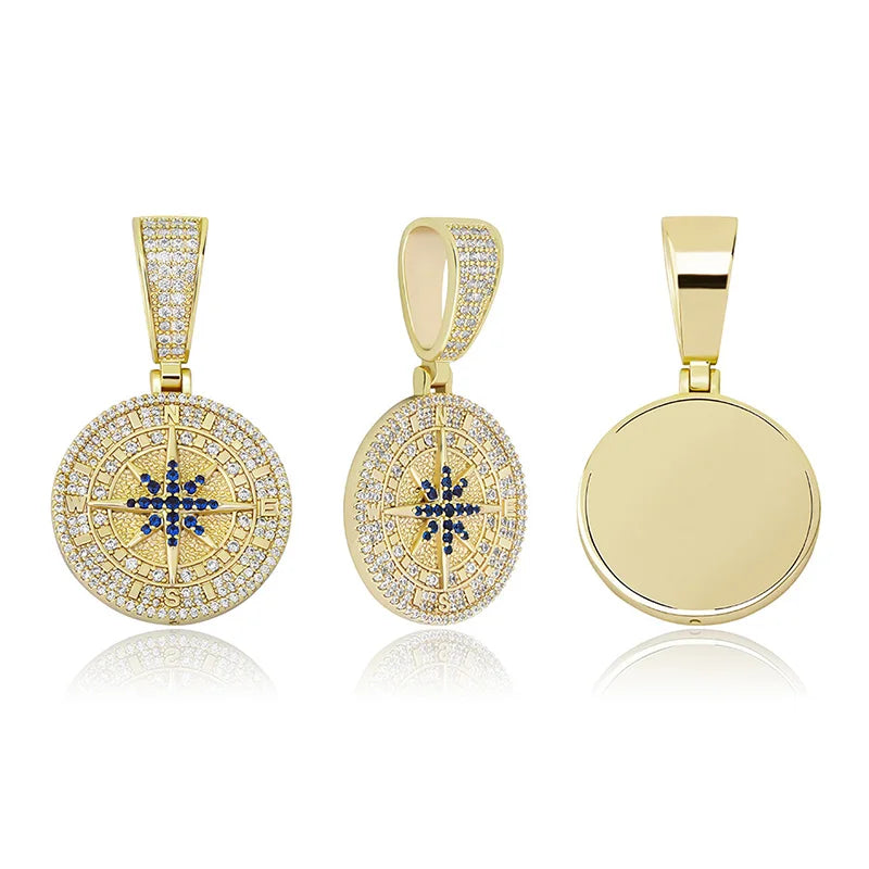 Hip Hop Compass Pendant Iced Out CZ Pendant With Tennis Chain