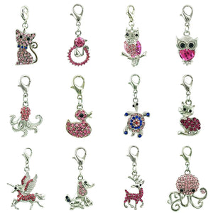 12Pcs/Lot Lobster Clasp Charms Mix Dangle Pink Rhinestone Animal Pendants