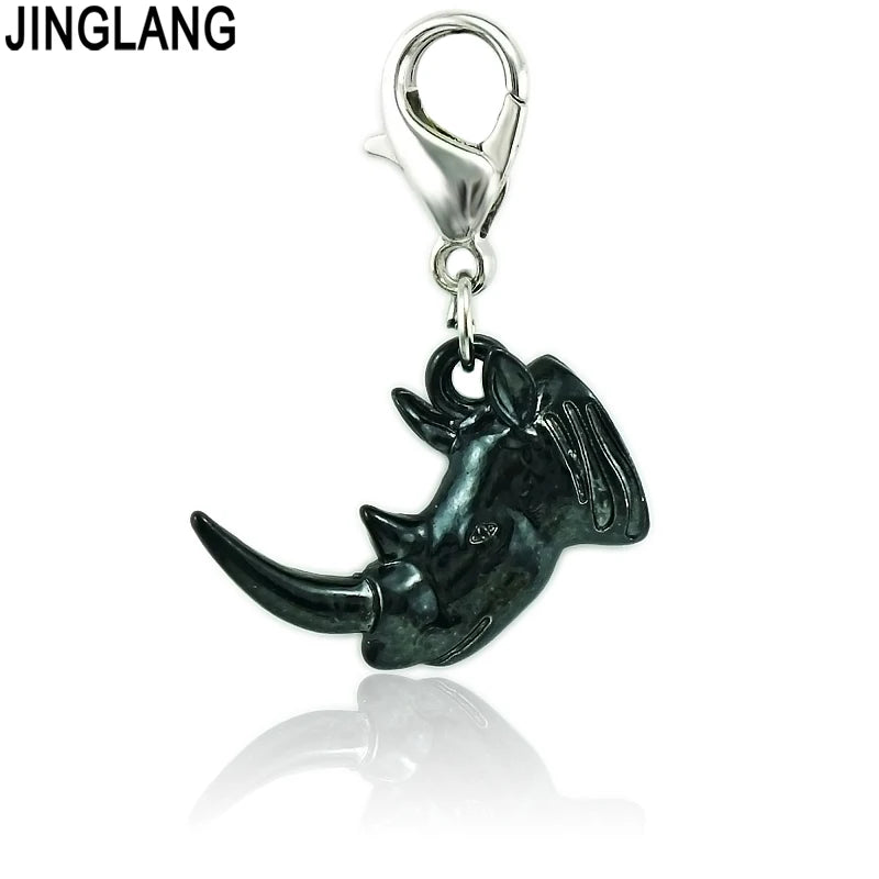 Animal Lobster Clasp Charms Dangle Enamel Rhinoceros Head DIY Charms
