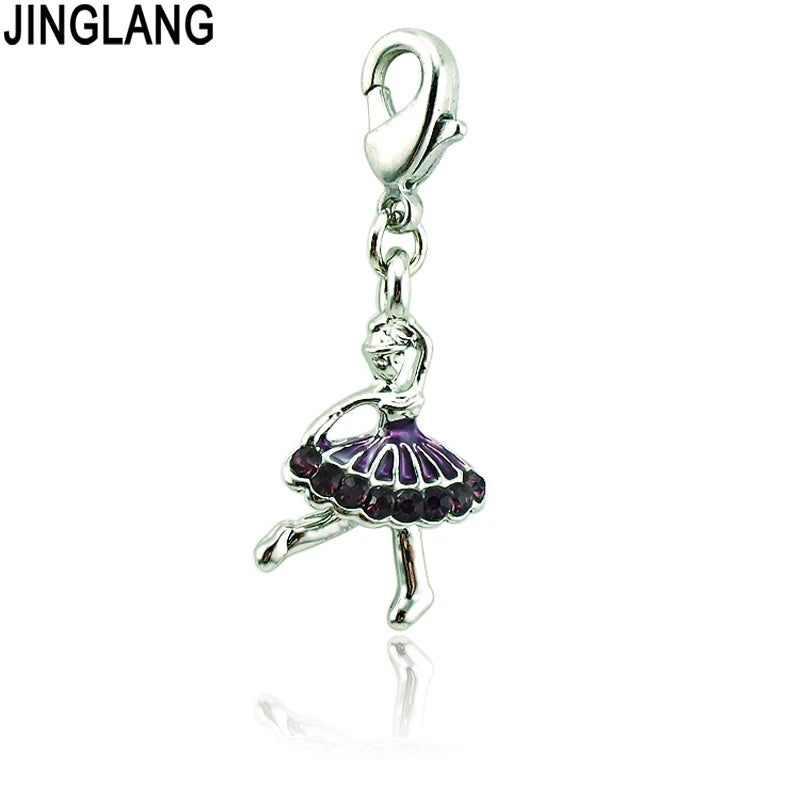 Silver Plated Purple Rhinestone Dancing Girl Charms