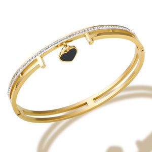 Heart Charm Crystal Bangle Bracelets Stainless Steel Lover Cuff Bangles