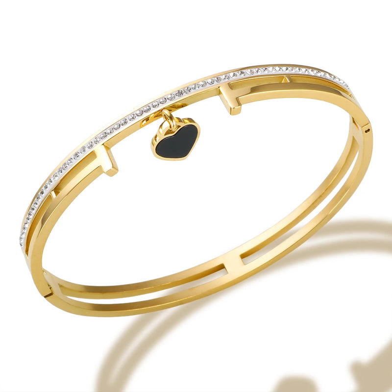 Heart Charm Crystal Bangle Bracelets Stainless Steel Lover Cuff Bangles