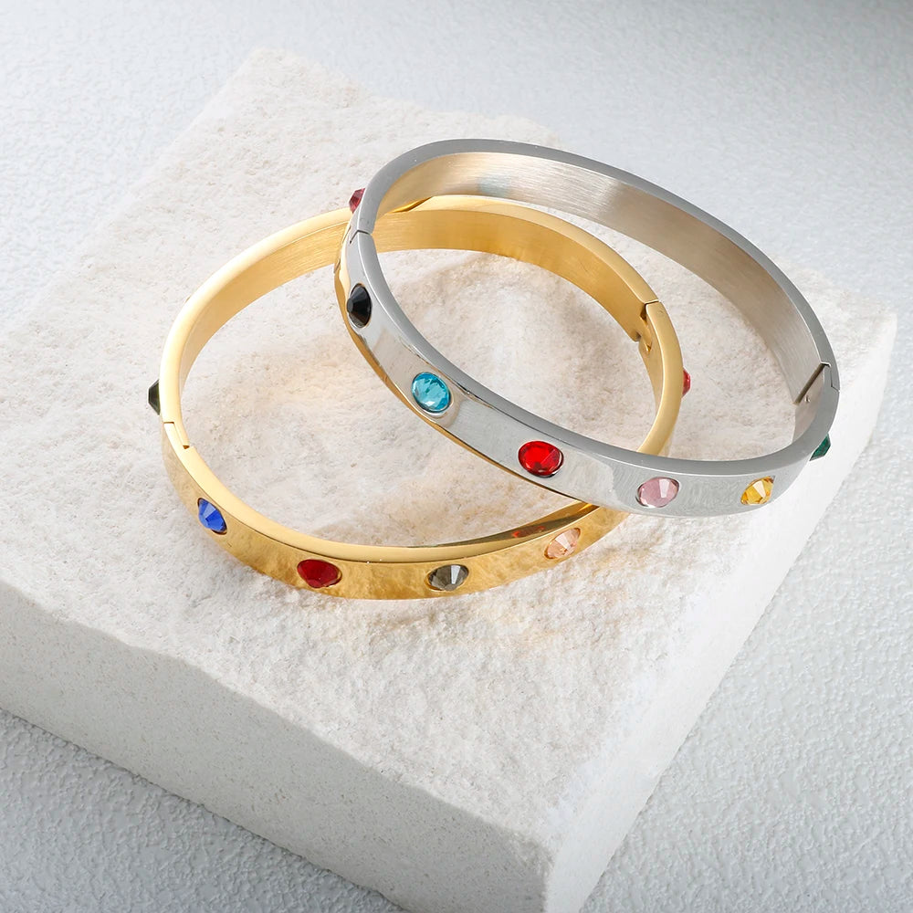 Colorful Stone Bejeweled Bangle Bracelet 12 Colors CZ Golden Stainless Steel