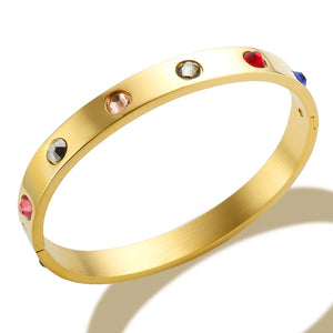 Colorful Stone Bejeweled Bangle Bracelet 12 Colors CZ Golden Stainless Steel