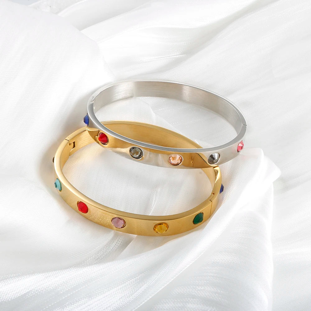 Colorful Stone Bejeweled Bangle Bracelet 12 Colors CZ Golden Stainless Steel