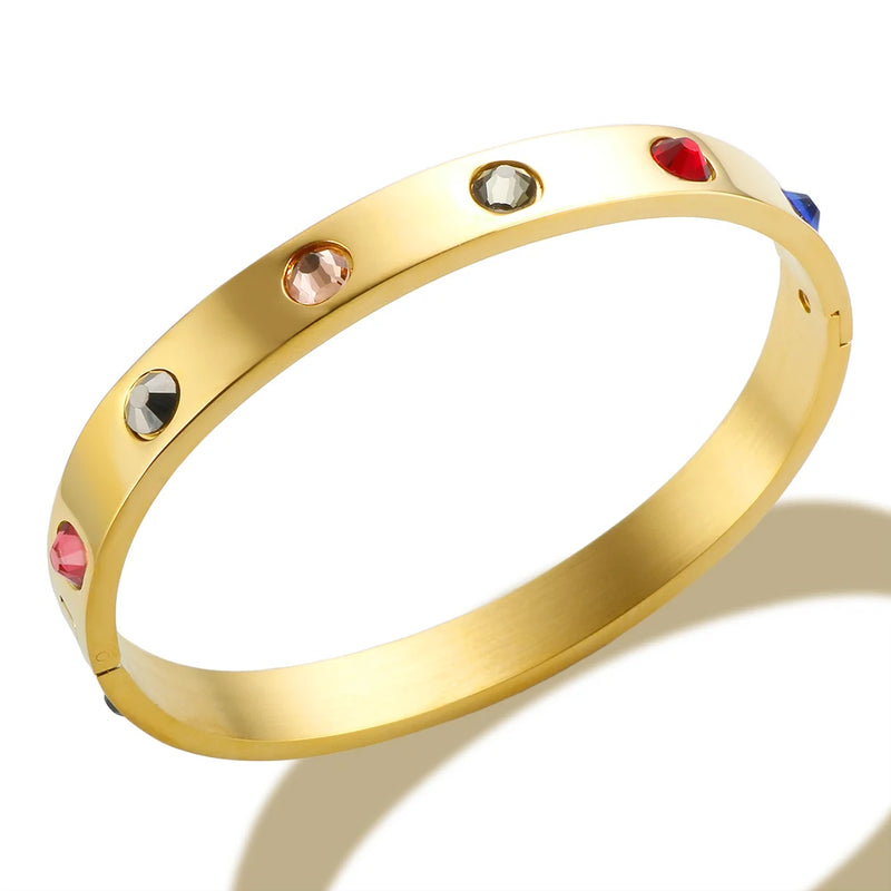 Colorful Stone Bejeweled Bangle Bracelet 12 Colors CZ Golden Stainless Steel