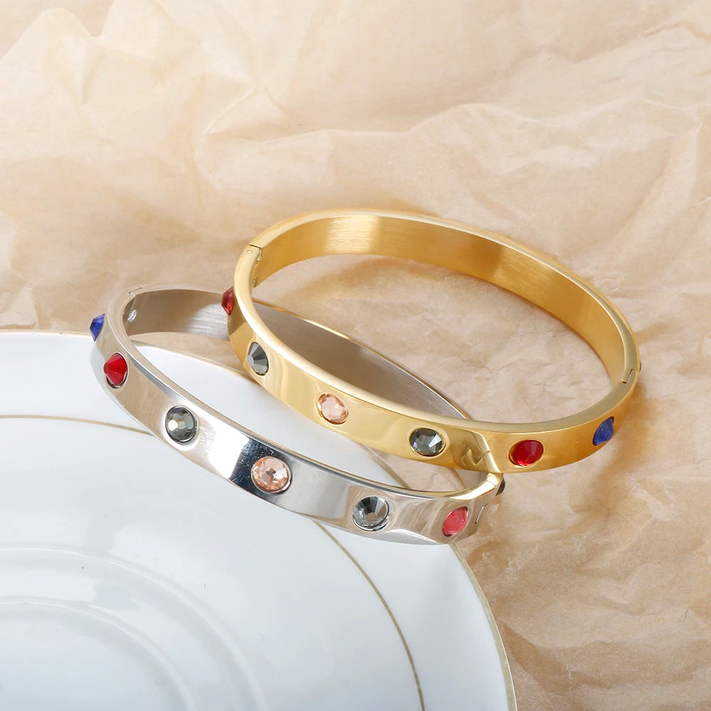 Colorful Stone Bejeweled Bangle Bracelet 12 Colors CZ Golden Stainless Steel