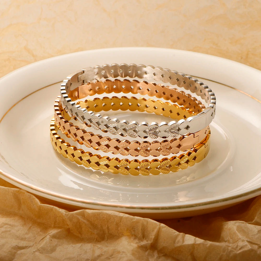 Geometric Hollow Leaves Bangle Bracelet Stainless Steel Bangles For Women