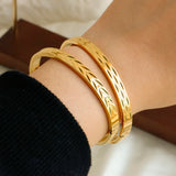 Leaf Hole Stainless Steel Bracelets Bangle for Women Cuff Engraved Wristband