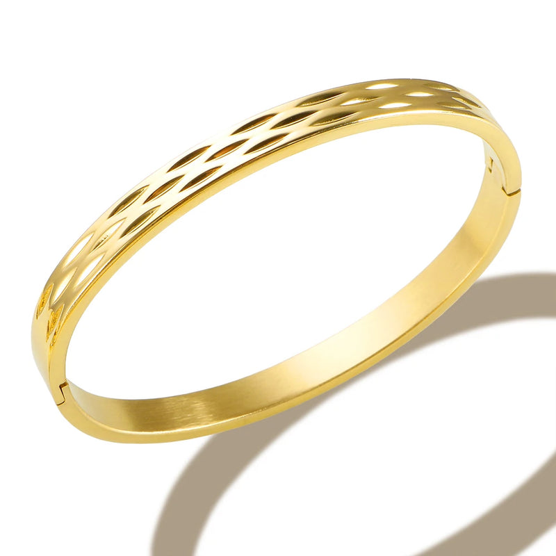 Leaf Hole Stainless Steel Bracelets Bangle for Women Cuff Engraved Wristband