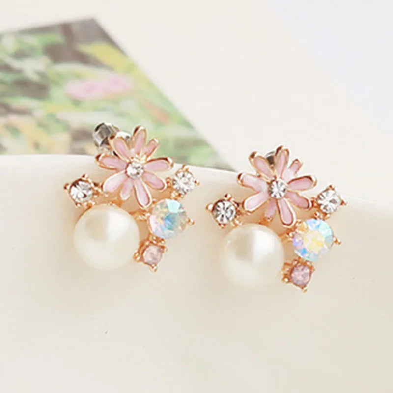 Flower Women's Pearl Earrings Clips Crystal Ear Clip