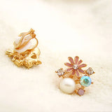 Flower Women's Pearl Earrings Clips Crystal Ear Clip