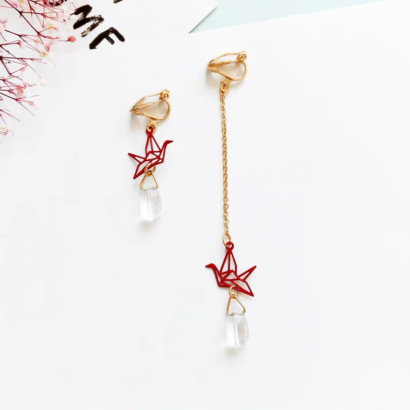 Geometric Asymmetry Paper Cranes Tassel Clip Earrings Wedding Party Jewelry