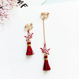 Geometric Asymmetry Paper Cranes Tassel Clip Earrings Wedding Party Jewelry