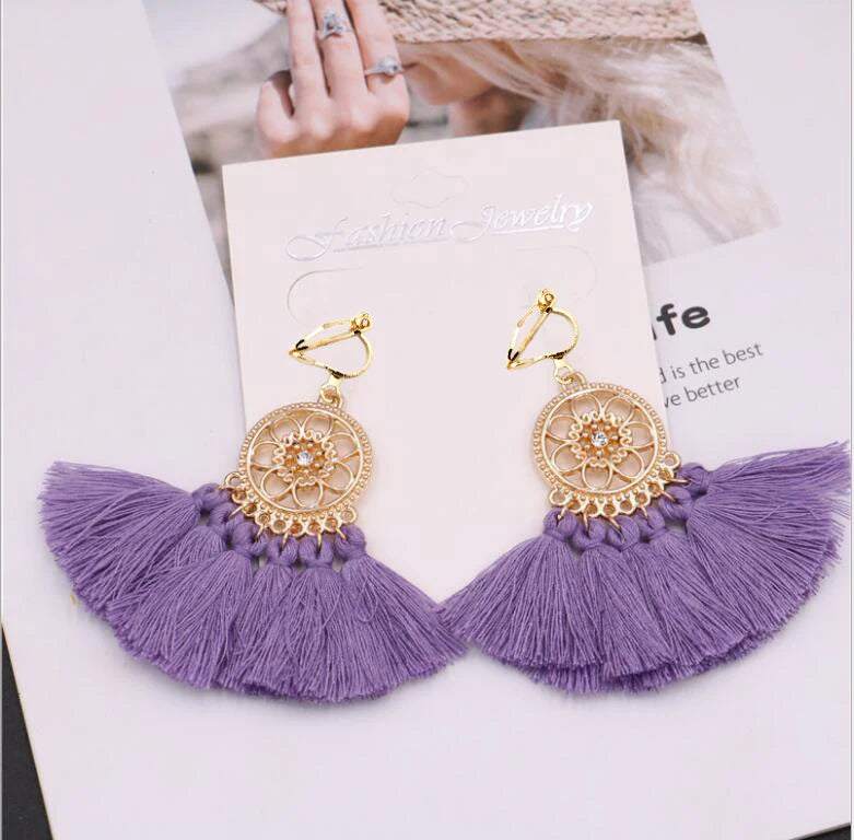 Boho Tassel Clip On Earrings Geometric Statement Long