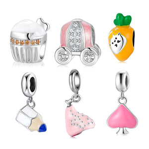 925 Silver Cake Pizza Drink Animals Beads Charms Bracelet Jewelry