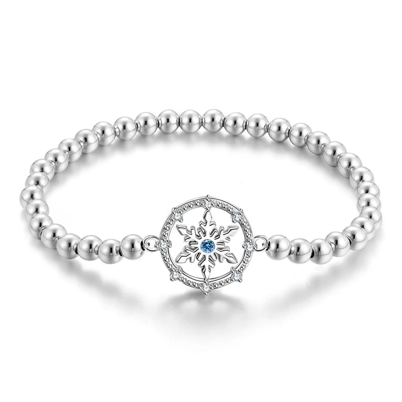 925 Sterling Silver Round Snowflake Winter Elastic Force Bracelet