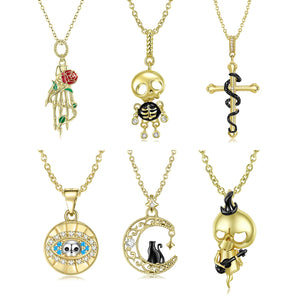 Golden Skull Evil Eye Rose Hand Pendant Necklace 925 Sterling Silver