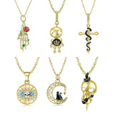 Golden Skull Evil Eye Rose Hand Pendant Necklace 925 Sterling Silver
