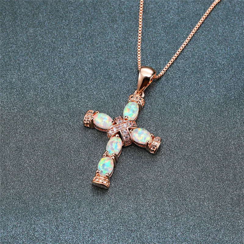 Romantic Opal Cross Pendant Necklace for Women