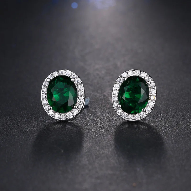 Emerald Cubic Zircon Stud Earrings Silver Plated for Women