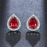 Ruby Red Stone CZ Silver Stud Earrings Wedding Jewelry Gift